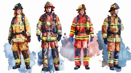Fototapeta na wymiar Four firefighters with vibrant watercolor effect - Four firefighter figures are set against a lively watercolor backdrop, emphasizing readiness