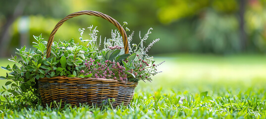 Basket of medicinal herbs on grass, copy space