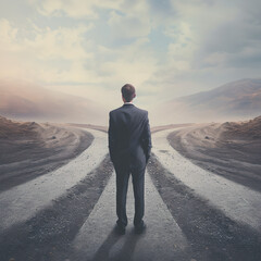 Businessman standing at crossroads, a fateful decision make a decision, define a future , decisions concept , job stability concept - obrazy, fototapety, plakaty