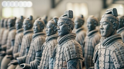 Ancient Chinese terracotta army of statues warriors in historical Xi'an exhibit - obrazy, fototapety, plakaty