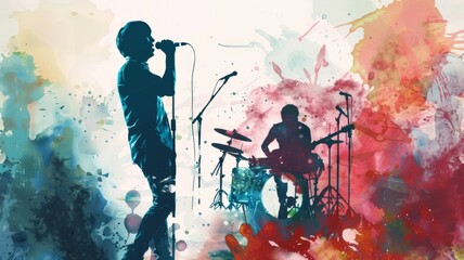 Musician silhouette with abstract watercolor background - Lead singer performing fervently on stage as watercolor splashes evoke the high energy of a live concert