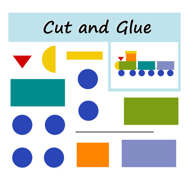 Educational paper game for kids. Cut parts of the image and glue on the paper. DIY worksheet. Vector illustration of the train from geometric shapes.