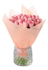 Bouquet of beautiful pink tulips in vase isolated on white