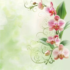 Elegant pink orchids on a soft green backdrop - This beautiful image captures delicate pink orchids with decorative swirls on a calming green background Perfect for serene designs