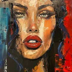 This vibrant painting captures the essence of a woman's face with bold, abstract brushstrokes, highlighting intense eyes and red lips.