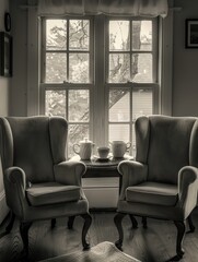A quiet corner where two comfy chairs face each other, inviting a leisurely chat over cups of hot cocoa ,soft shadowns, no contrast, clean sharp,clean sharp focus, digital photography