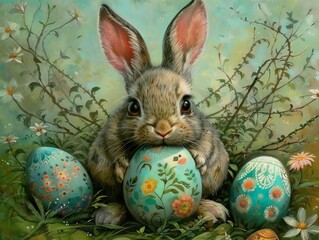 Cute easter background with a bunny and easter eggs