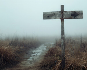 A rustic, wooden signpost at a crossroads in a misty, morning field, pointing towards destinations unknown ,soft shadowns, no contrast, clean sharp,clean sharp focus, digital photography - obrazy, fototapety, plakaty