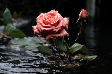 blooming rose in a pond on dark background