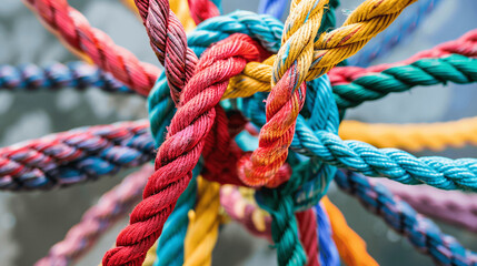 Team rope diverse strength connect partnership together teamwork unity communicate support. Strong diverse network rope team concept integrate braid color background cooperation empower, Generative AI - obrazy, fototapety, plakaty