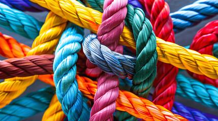 Team rope diverse strength connect partnership together teamwork unity communicate support. Strong diverse network rope team concept integrate braid color background cooperation empower, Generative AI