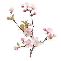 Cherry blossom branch with pink and white flowers on transparent background