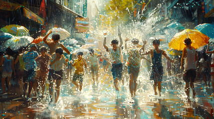 Songkran Festival Celebration with People Splashing Water on Streets. Traditional Thai New Year Water Festival Concept. Paintings of Joyful Water Fights in Urban Setting for Poster, Greeting Card