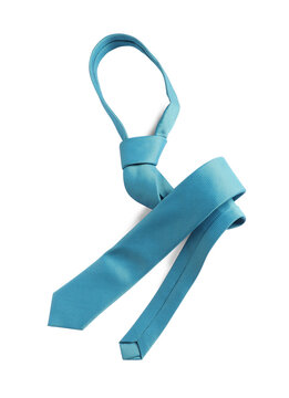 One light blue necktie isolated on white, top view