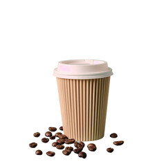 Whitelidded paper cup surrounded by coffee beans on transparent background
