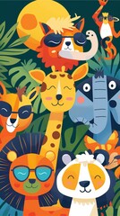 Vibrant and mischievous zoo animals engage in a spirited rave party, evoking sophistication and unbridled joy.