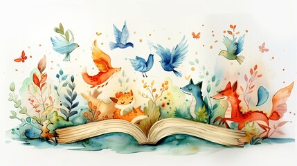 A watercolor cartoon illustration of an open book with colorful baby animals flying out from the pages, the white background. 