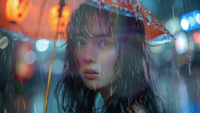 A girl with wet hair and an orange umbrella stands in the rain