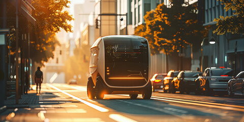 A futuristic electric autonomous delivery vehicle moves down a city street bathed in the soft glow of morning sunlight.
