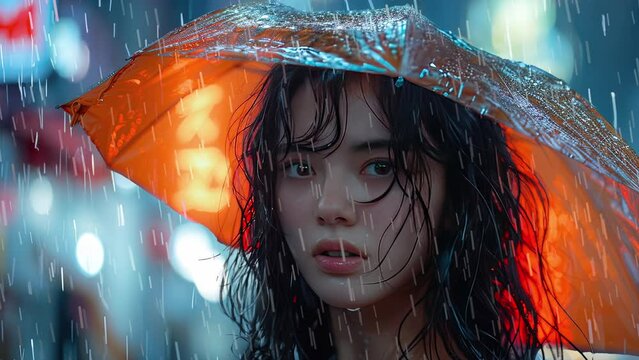 A girl with wet hair and an orange umbrella stands in the rain