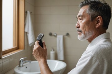 side view shot of mature japanese man shaving in a bathroom
