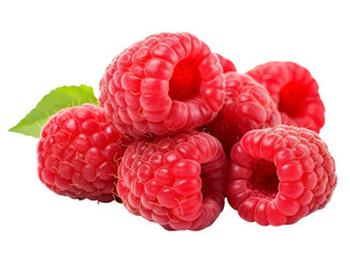 Ripe group of raspberries fruit isolated on transparent background cutout, PNG file.