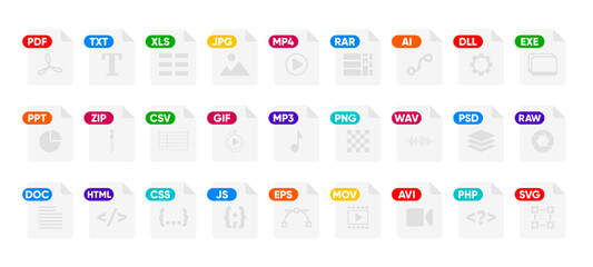 File Type icon set. Popular files format and document. Format and extension of documents. Set of graphic templates audio, video, image, system, archive, code and document file. Vector illustration.