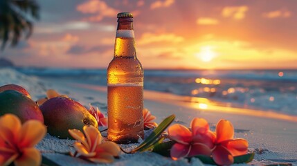 Refreshing Mango Beer and Tropical Mango Fruits On a Beach At Sunset, Frangipani Flowers Decor, Summer Beverage And Leisure Vacation Concept. AI Generated