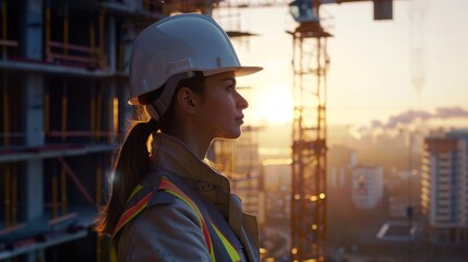 Woman in white safety helmet oversees construction, detailed and realistic, in 4K resolution - obrazy, fototapety, plakaty