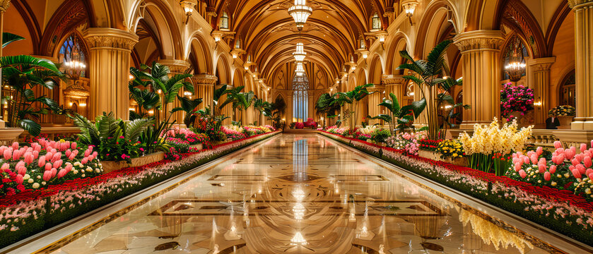 Grand Hotel Lobby with Decorative Architecture, Luxury and Elegance in Travel Destination, Colorful Design