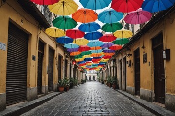 Fototapeta premium Umbrellas hanging above streets