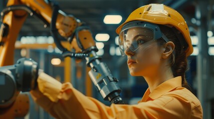 Detailed view of engineer in safety helmet working on robotic arm, precision and innovation, 4K quality - obrazy, fototapety, plakaty