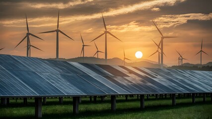 Sunset over Sustainable Power: Wind and Solar Synergy. Concept Nature Photography, Renewable Energy, Sustainability, Sunset Views, Environmental Conservation