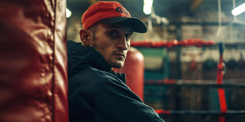 boxing trainer in a cap near a boxing bag against the backdrop of the gym - obrazy, fototapety, plakaty