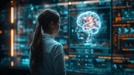 Woman scientist in neuroscience research analyzing brain function through futuristic technology. In-depth medical science investigation with digital analytics in a laboratory setting
