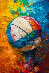 Abstract, colorful body of a volleyball beach ball, palette knife oil painting, against a lively background with colorful highlights and bold lighting