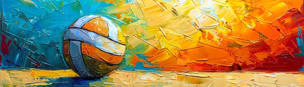 Oil painting, volleyball beach ball in abstract colors, palette knife crafted, on a vivid background with dramatic lighting and radiant highlights