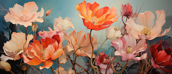painting of a bunch of flowers with a blue background