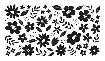 Set of hand drawn flowers and leaves silhouettes. Modern trendy floral design elements, icons, shapes. Wild and garden flowers black and white illustrations isolated on white background.