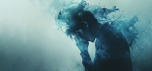 A man with a deep expression of anger or sadness presses his hands to his face while disappearing into smoke