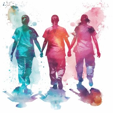 Colorful watercolor silhouette of healthcare workers - Three healthcare workers, holding hands, cast vibrant silhouettes against a splash of watercolor in a symbol of unity and support