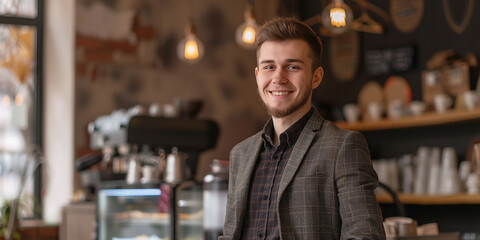Fototapeta premium young smiling man hostess against the background of a modern cozy coffee shop, small business concept