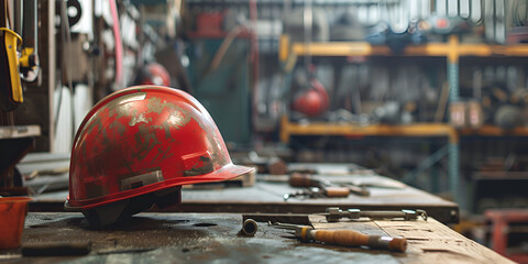 Red Safety helmets of engineers for safety at an industrial site red helmet for worker and engineering in factory Industrial and construction - obrazy, fototapety, plakaty