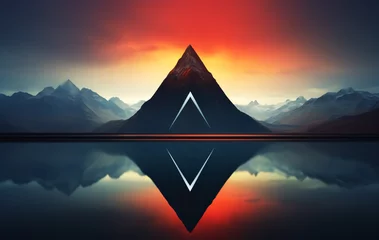 Fotobehang Bergen Unreal fantastic fantasy landscape with a triangle in the water. AI generated