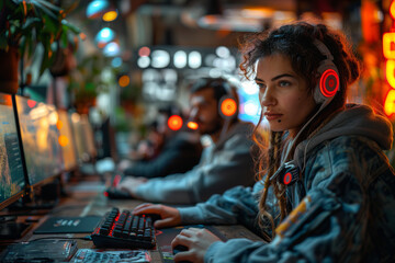 A woman with headphones is gaming on a computer in a dark room at midnight