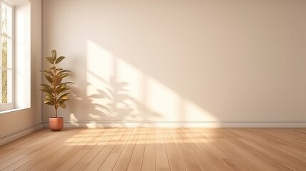 Fototapeta na wymiar An empty, bright room. The shadow of a plant on the wall. Light shade in the room for presentation. Laminate flooring