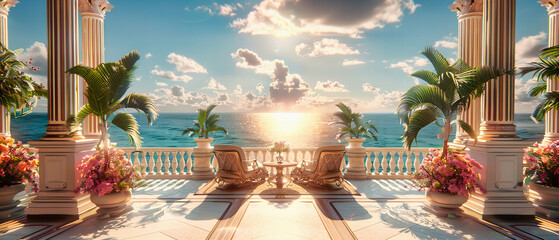 Fototapeta premium Idyllic Escape: The Tranquility of a Tropical Resort, Where the Luxury of Vacations Meets the Pristine Beauty of Nature