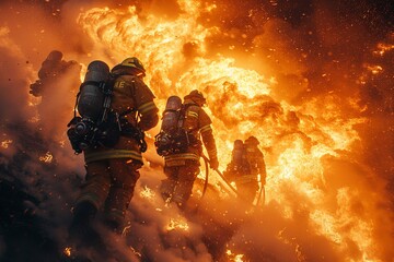 Firefighters face intense heat and towering flames at a raging wildfire - obrazy, fototapety, plakaty