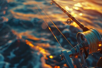 fishing rod and spinning reel and sea water background. Beautiful simple AI generated image in 4K, unique.