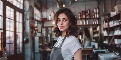 stylish female hairdresser in an apron on the background of a hairdressing salon, small business concept